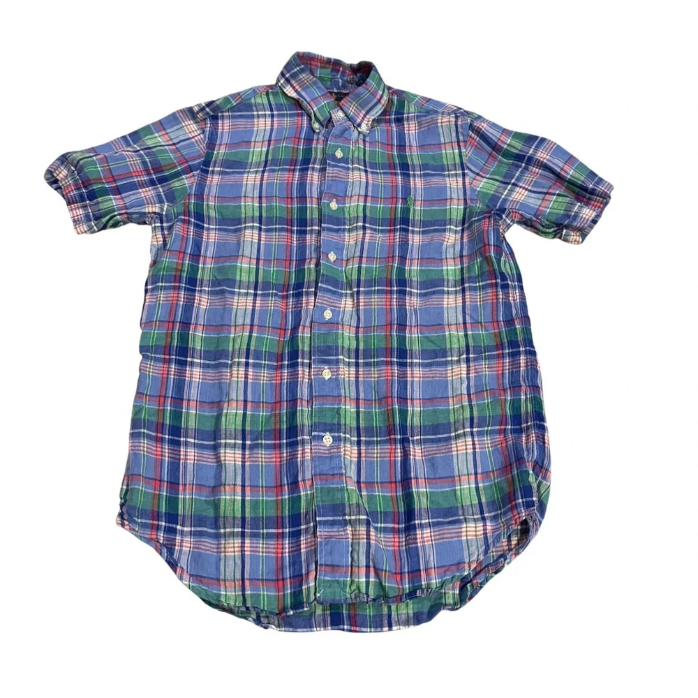 Ralph Lauren Mens S Short Sleeve 100% Linen Plaid Button Down‎ Shirt Blue Green